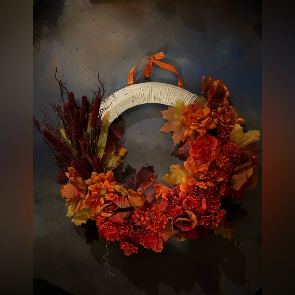 Autumn Harvest Wreath with Orange and Red Flowers